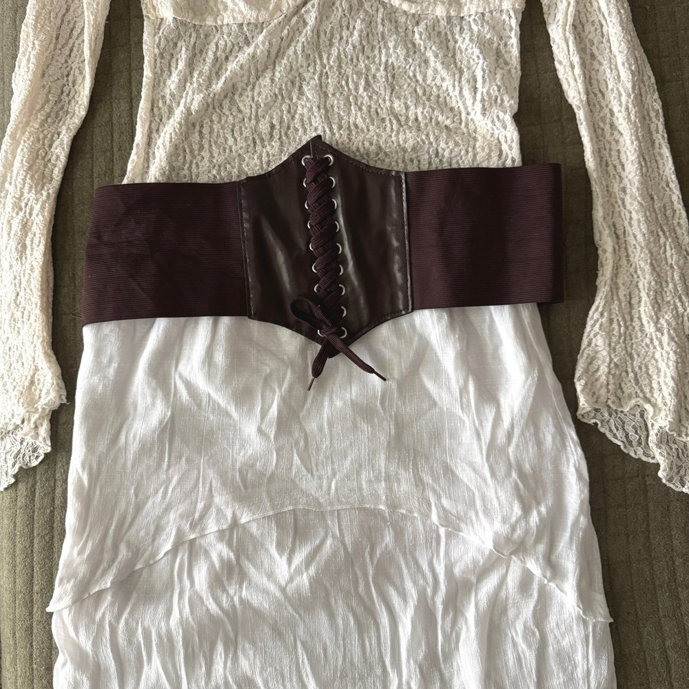 Lace Up Corset Elastic Cinch Belt Brown Faux Leather Renaissance Steampunk